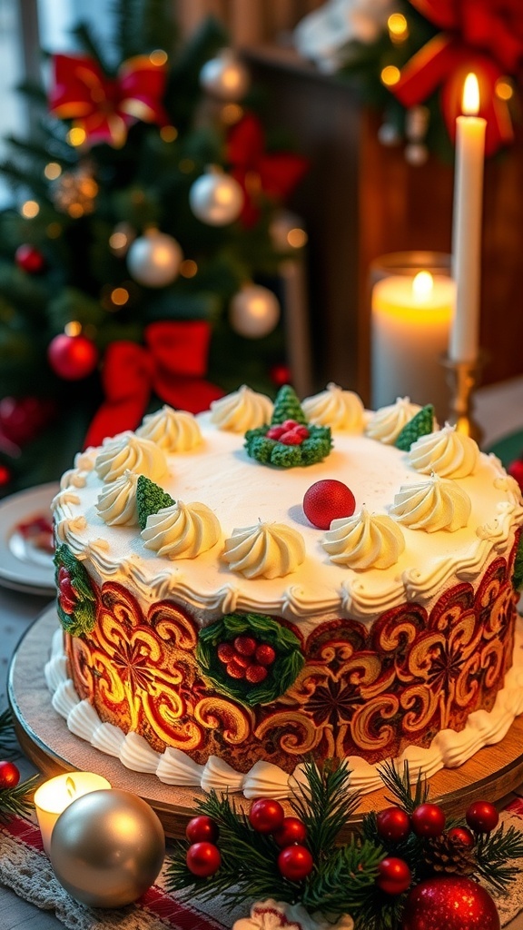 Traditional Christmas Cake Recipe A traditional Christmas cake with white icing and marzipan decorations on a festive table.